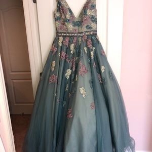 Jovani Mint V-Neck Floral Ballgown